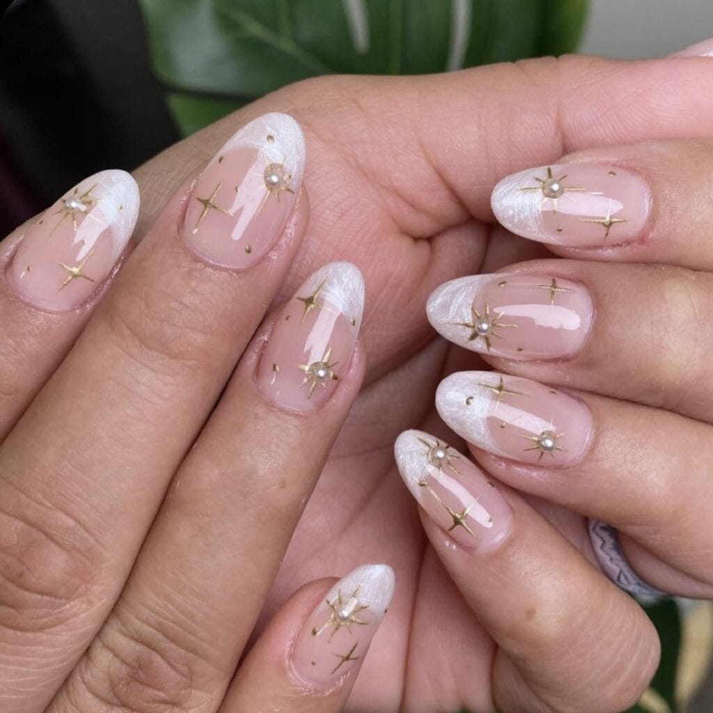 white tip and gold star nails for White Christmas Nail Designs