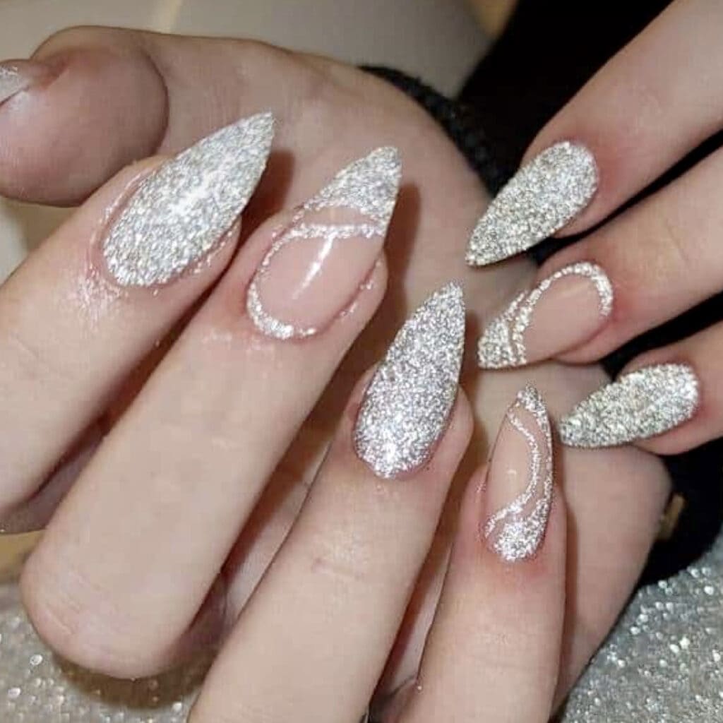 silver glitter nails for White Christmas Nail Designs