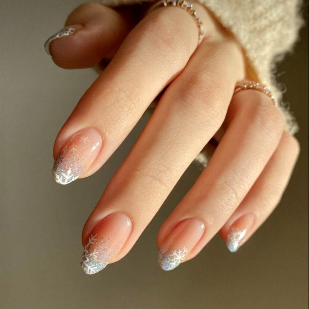 snowflake and french tips for White Christmas Nail Designs