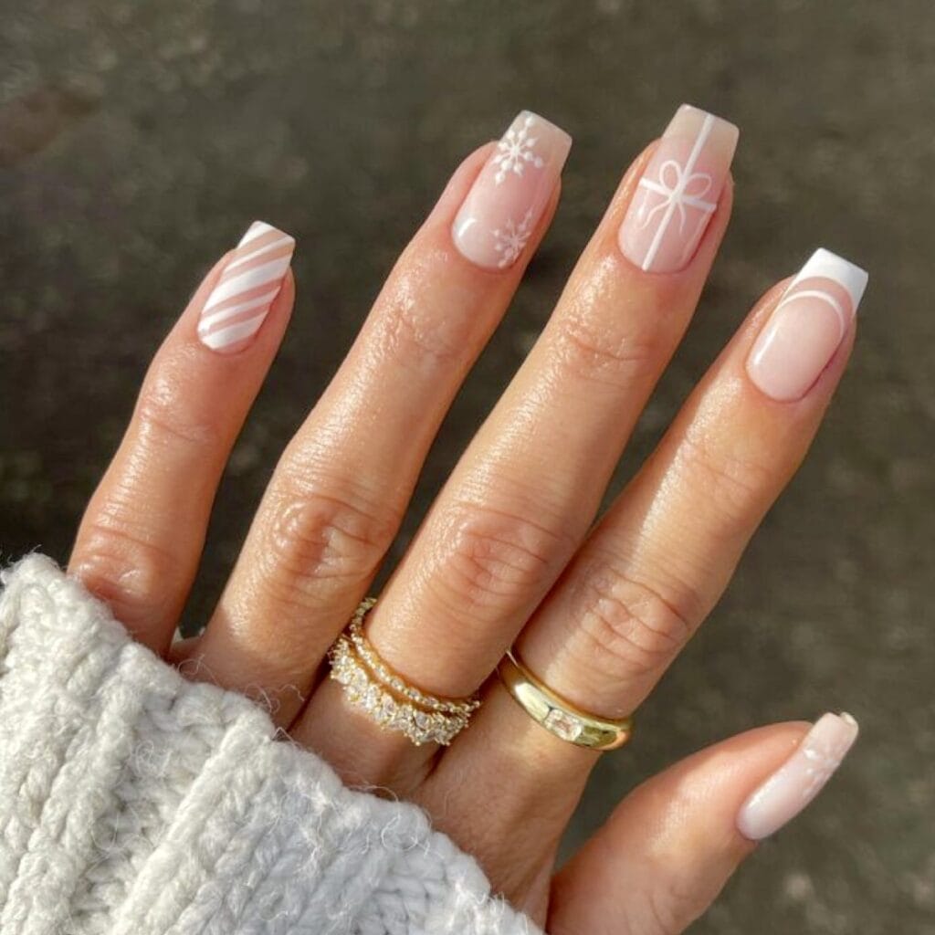 white and pink nails for White Christmas Nail Designs