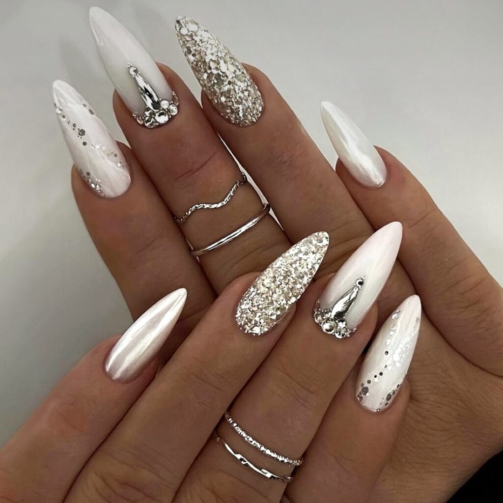 White nails with jewels for White Christmas Nail Designs