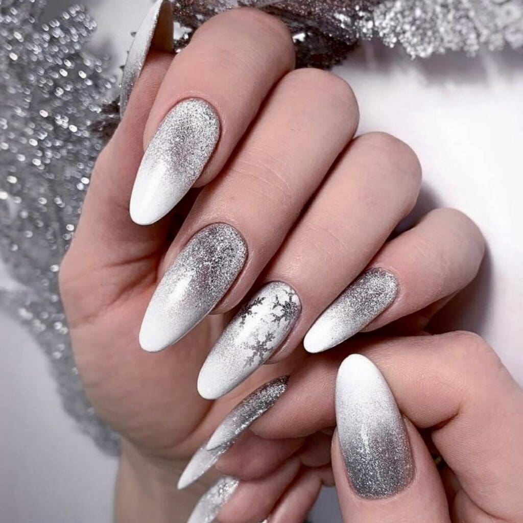 white and silver ombre nails 