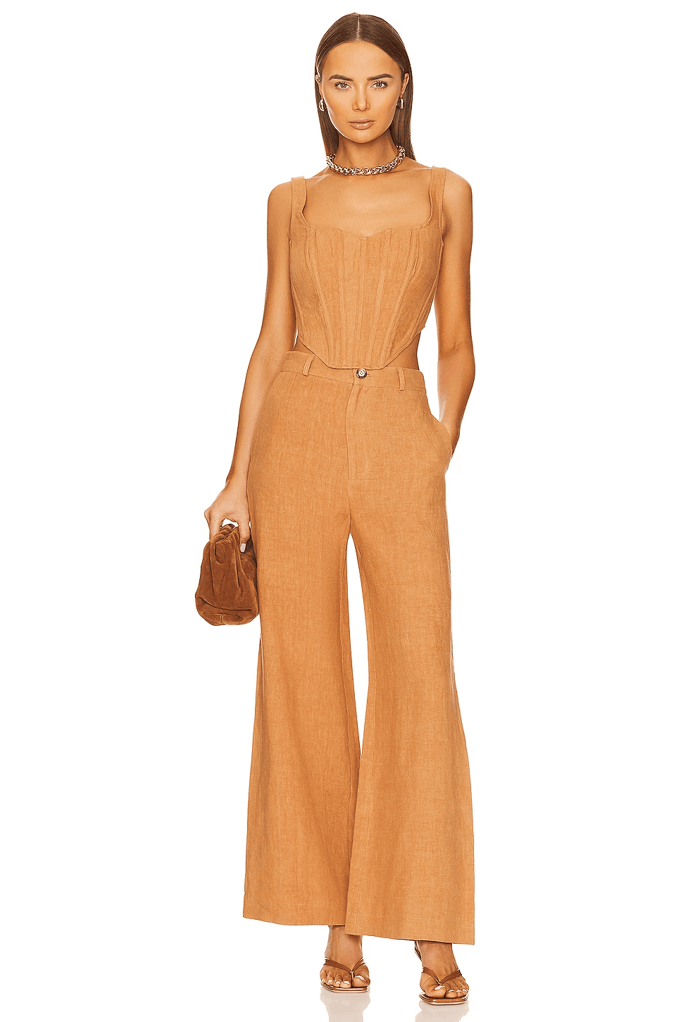 Linen Corset Bustier And Pants In Camel