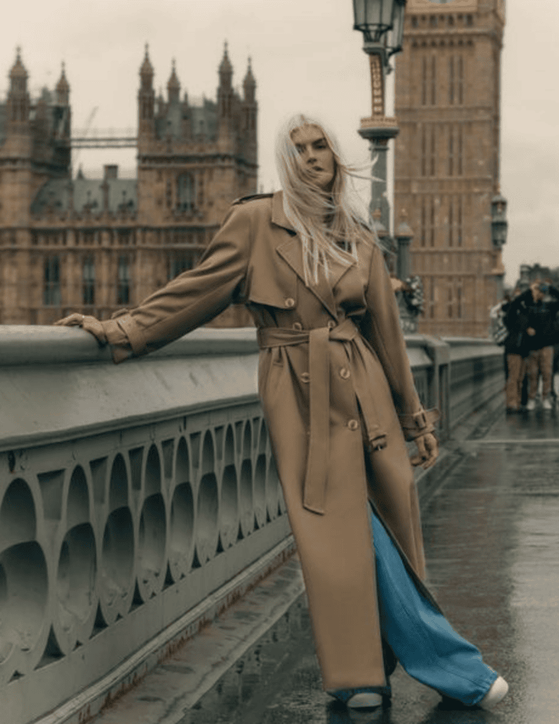 Camel maxi coat paired with jeans.